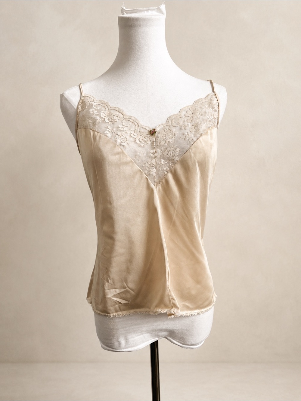 Vintage Champagne Satin Lace Camisole Coquette Lingerie Top 36